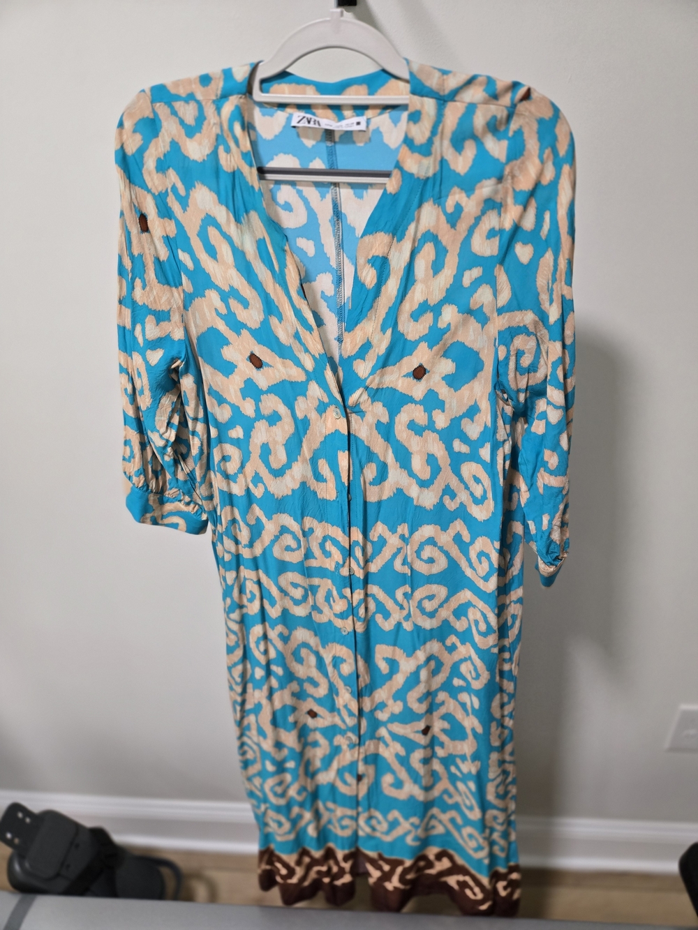 Zara Turquoise and Beige Printed V-Neck Midi Dress with Brown Hem